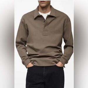 Mango Mens Relaxed Fit Long Sleeve Cotton Blend Polo Sweatshirt - Mink Grey